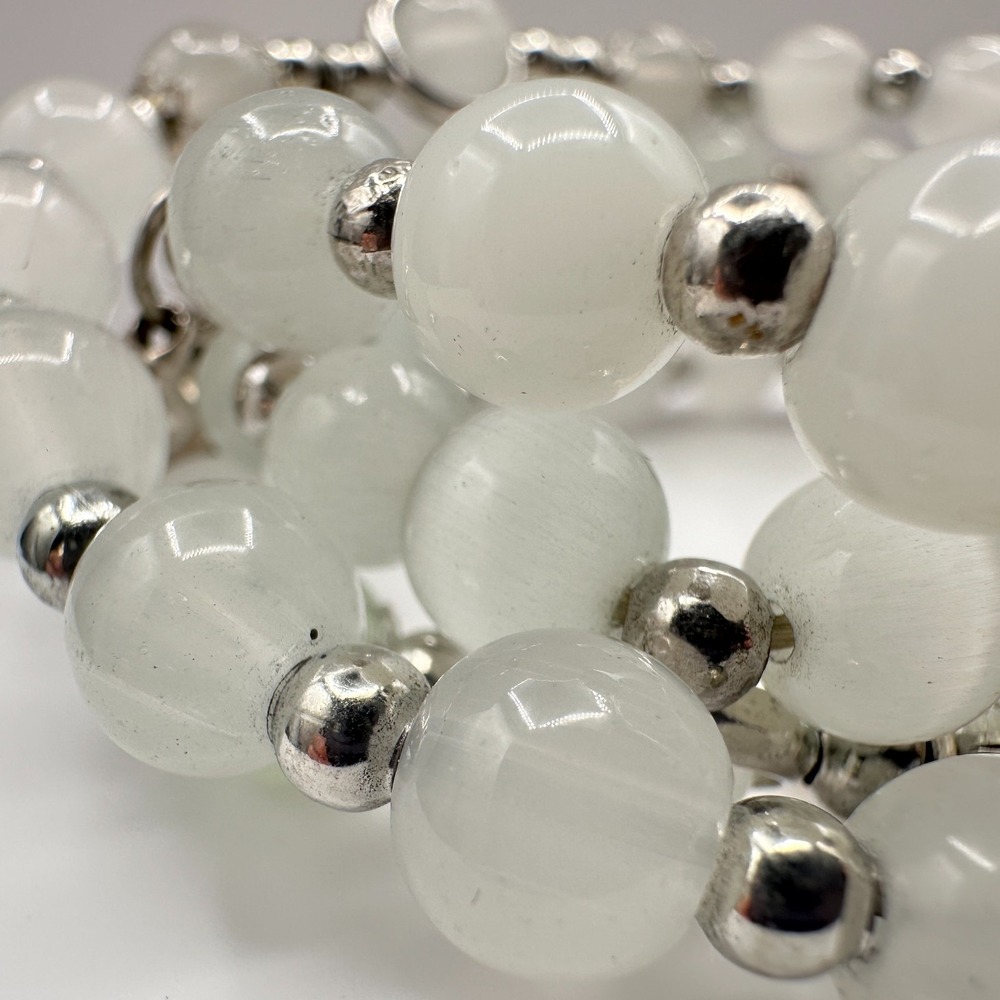 Vintage 90s White Quartz Beaded Wrap Bracelet Silver Tone Boho Statement Jewelry - Picture 6 of 8